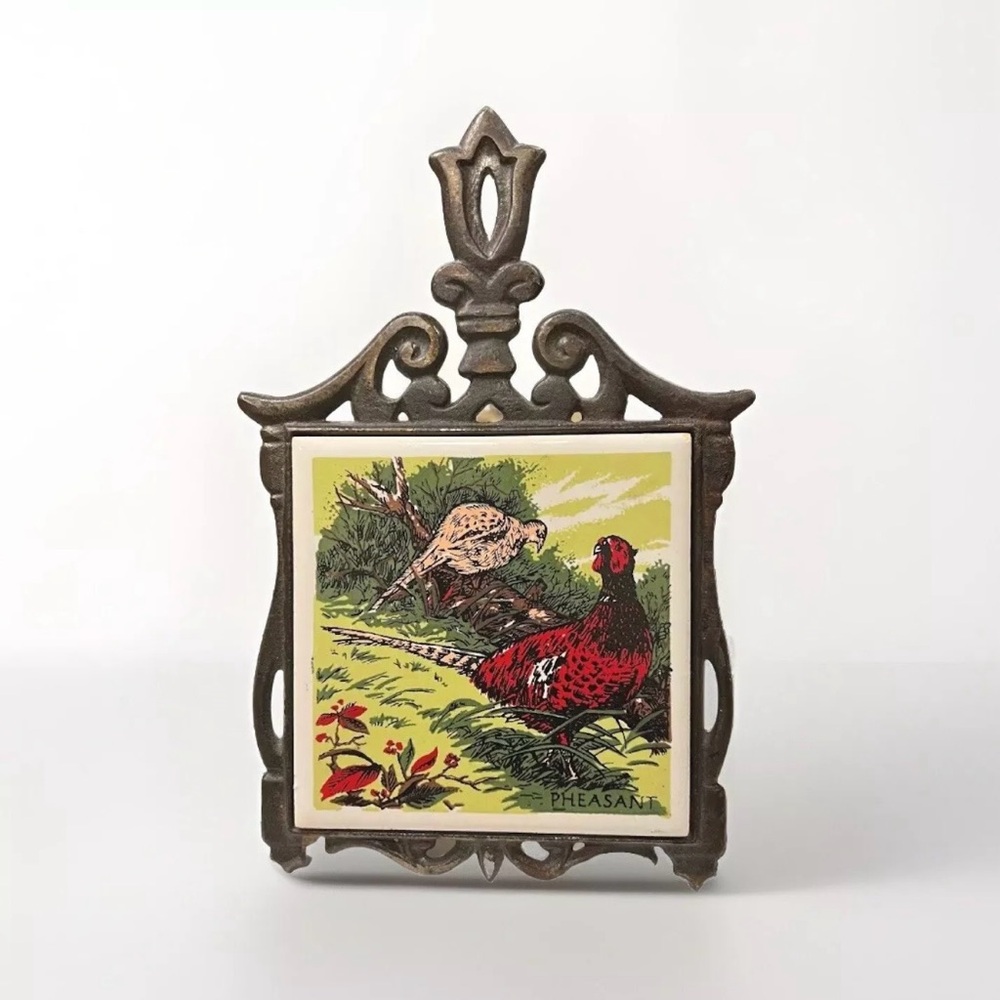 Vintage Pheasants Tile Cast Iron Trivet Pot Holder Ceramic Taiwan MCM 1960s